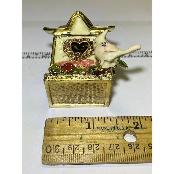 Bird House, Trinket Box, Collectible, White /Pink Enamel Gold tone Accents - Picture 2 of 7